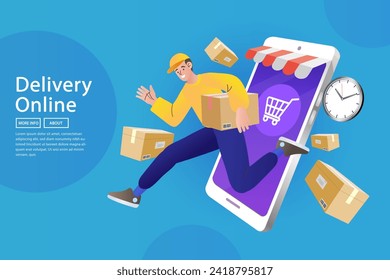 Paquete de entrega rápida por teléfono móvil. Concepto de marketing digital móvil y comercio electrónico. Comprar en línea con carácter. Hombre entregando en línea con pedido de compra desde un teléfono inteligente. Vector plano