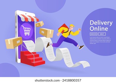 Fast delivery package by mobile phone. Huge bill. Concept of mobile digital marketing and e-commerce. Online shopping with character. A deliveryman is delivering a package to a customer. Flat vector.