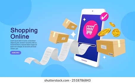 Fast delivery package by mobile phone. Huge bill. Concept of mobile digital marketing and e-commerce. Online shopping. deliveryman is delivering a package to a customer. Easy e bill payment. Vector