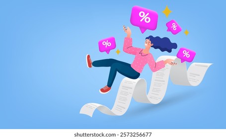 Fast delivery package by mobile phone. Huge bill. Concept of mobile digital marketing and e-commerce. Online shopping with character. Flat vector outline illustration.