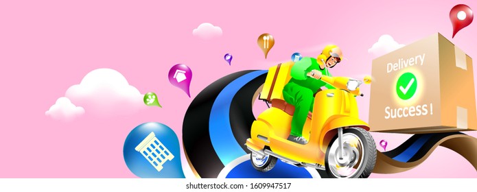 Fast delivery package by scooter on mobile phone. Order package in E-commerce by app. Courier send package by motorcycle. Three dimensional concept. Vector illustration