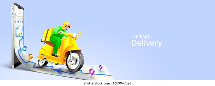 Fast delivery package by scooter on mobile phone. Order package in E-commerce by app. Tracking courier by map application. Three dimensional concept. Vector illustration