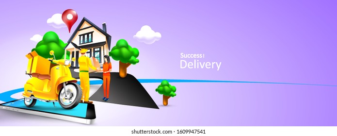 Fast delivery package by scooter on mobile phone. Order package in E-commerce by app. Courier send package by motorcycle. Three dimensional concept. Vector illustration