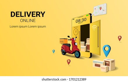 Fast delivery package by scooter on mobile phone. Online delivery service. Internet e-commerce.  concept of web page design for website, banner and mobile website. Perspective Vector illustration