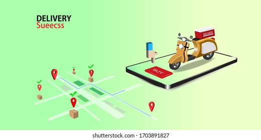 Fast delivery package by scooter on mobile phone. Order package by app. Tracking courier by map application. Vector illustration