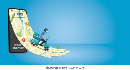 Fast delivery package by scooter on mobile. Order package in E-commerce by app. Tracking courier by map application. Vector illustration.