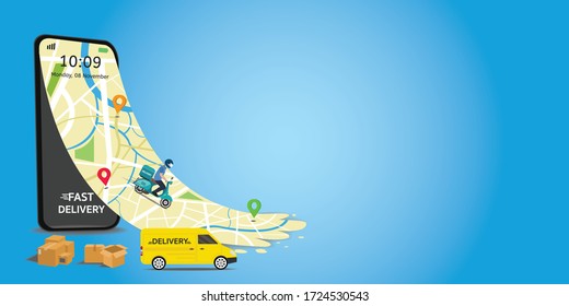 Fast delivery package by scooter on mobile. Order package in E-commerce by app. Tracking courier by map application. Vector illustration.