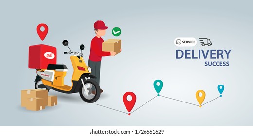 Fast delivery package by scooter on mobile phone. Order package in E-commerce by app. Tracking courier by map application. Three dimensional concept. Vector illustration
