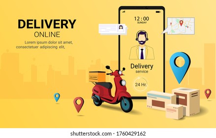 Fast delivery package by scooter on mobile phone. Online delivery service. Internet e-commerce. Concept of web page design for website, banner and mobile website. Perspective Vector illustration