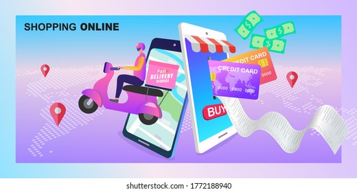 Fast delivery package by scooter. Huge bill. Concept of mobile digital marketing and e-commerce. Online shopping with character. Flat vector illustration.