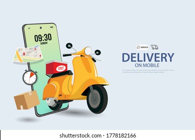 Fast delivery package by scooter on mobile. E-commerce concept. Online package order infographic. app design. blue background