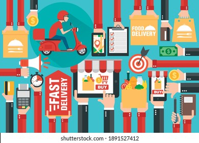 Fast delivery package by scooter. Online delivery service. Internet e-commerce. Online shopping food on laptop, smartphone or website. Concept flat design. Vector illustration
