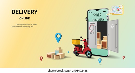 Fast delivery package by scooter on mobile, Online shipping application, E-commerce, Smart Logistic. Concept for website, banner and mobile website. 3D Perspective Vector illustration