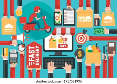 Paquete de entrega rápida por scooter. Servicio de entrega en línea. Comercio electrónico por Internet. Compra en línea de comida en computadora o sitio web. Concepto de diseño plano. Ilustración del vector