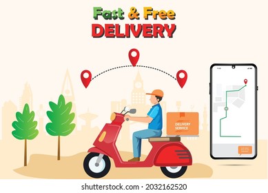 Fast delivery package by scooter on mobile phone. Order package in E-commerce by app. Tracking courier by map application