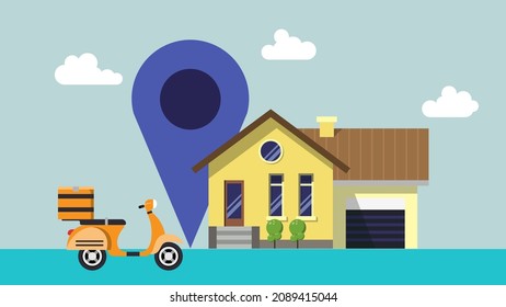 Fast delivery package by scooter to home customer, Delivery home and office. City logistics. Warehouse, courier, delivery man. Vector illustration