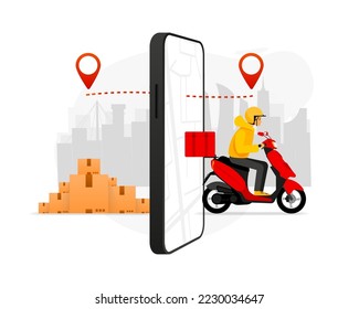 Fast delivery package by scooter on mobile phone. Order package online by app. Tracking courier by map application. Vector illustration.