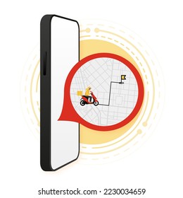 Fast delivery package by scooter on mobile phone. Order package online by app. Tracking courier by map application. Vector illustration.