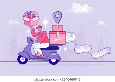 Fast delivery package by scooter. Huge bill. Concept of mobile digital marketing and e-commerce. Online shopping with character. Flat vector outline illustration.