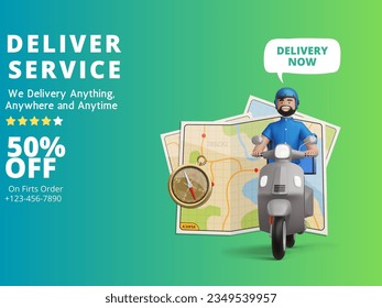 Fast delivery package by scooter on mobile phone.Food order concept. Web Banner, app template.Tracking courier by map application. Delivery home and officeThree dimensional concept. Vector illustratio