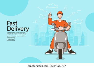 Fast delivery package by scooter. Concept of mobile digital marketing and e-commerce. Online shopping with character. Man riding motorcycle. Fast delivery by scooter via mobile phone. Flat vector.