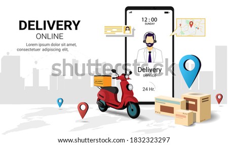 Fast delivery package by scooter on mobile phone. Online delivery service. Tracking. Smart Logistic. concept of web page design for website, banner and mobile website. Perspective Vector illustration