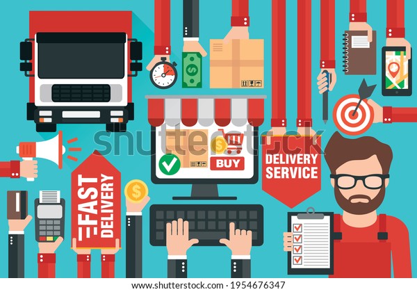 Fast\
delivery package by delivery truck . Online delivery service\
consultant. Internet e-commerce. Shopping online on computer or\
website. Concept flat design. Vector\
illustration