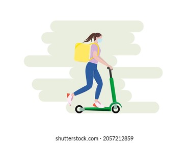 Fast delivery package illustration. The girl ride on kick scooter so fast as it possible to deliver the order. Copy space vector eps10