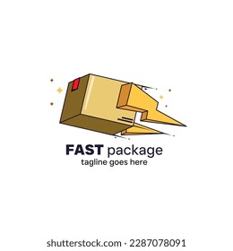 Fast delivery package logo template design. Parcel cardboard box package delivery logo icon with lightning flash. Vector illustration