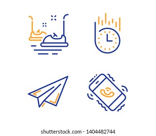 Fast delivery, Paper plane and Bumper cars icons simple set. Call center sign. Stopwatch, Airplane, Carousels. Phone support. Business set. Linear fast delivery icon. Colorful design set. Vector