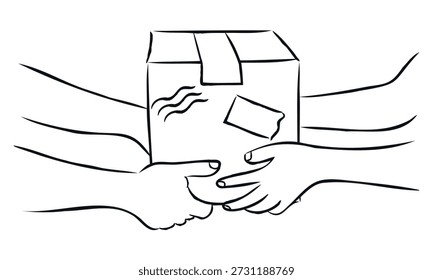 Concepto de paquete de entrega rápida, ilustración de arte de línea, ícono de entrega de Doodle simple, entregas de mensajería, paquete, entrega mano a mano, Vector