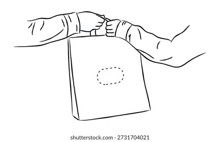 Fast Delivery Parcel Concept, Line Art Illustration, Simple Doodle Delivery Icon, Courier Delivers, Bag, Delivery Hand to Hand, Vector