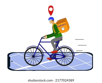 Fast delivery of parcels and online orders by bike. A courier in a protective helmet carries orders for a bicycle.