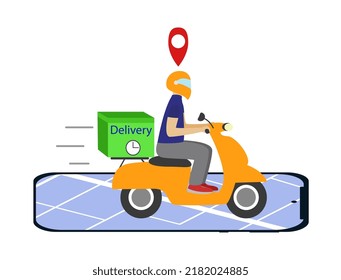 Fast delivery of parcels and online orders on a scooter. A courier in a protective helmet rides a motorcycle and delivers online orders and small packages to customers.