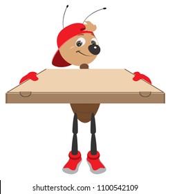 Fast delivery of pizza. Ant courier holds cardboard box. Isolated on white vector cartoon illustration