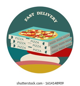 Fast delivery. Pizza in boxes - round icon, isolated on white background - vector. Healthy fresh food