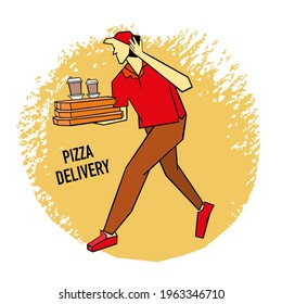 Entrega rápida de pizza por correo. Icono amarillo y rojo brillante, pegatina. Ilustración vectorial para diseño, publicidad.