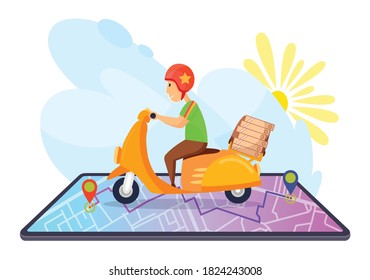Fast delivery pizza by scooter. E-commerce concept on mobile. Online food order on quarantine. The guy with pizza boxes on the trunk delivers food fast
