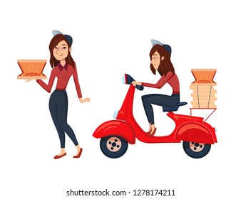 Fast Delivery pizza food service with courier. Isolated Vector cartoon female character illustration. Delivery woman riding scooter with cardboard boxes.