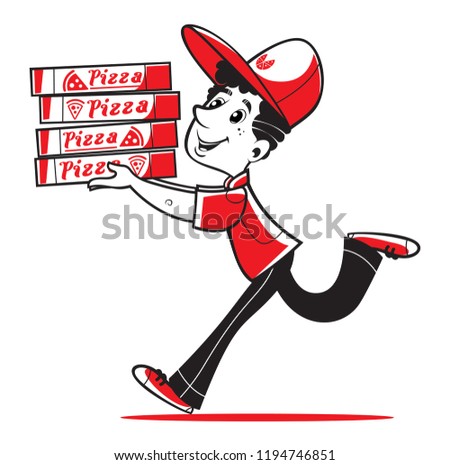 Fast  delivery. Pizza delivery. Funny cartoon pizza delivery man running with cardboard box with stylized pizza logo. Isolated vector illustration.