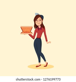 Fast Delivery pizza service by courier. Vector cartoon Girl character illustration. Delivery food concept.
