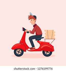 Fast Delivery pizza service by scooter with courier. Vector cartoon character illustration. Delivery food concept.