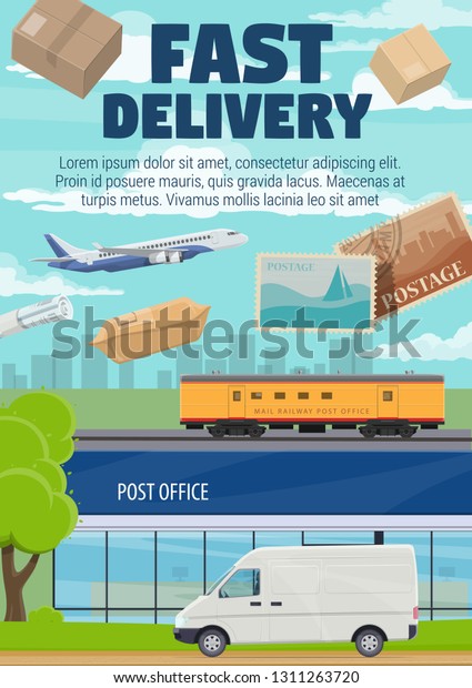 Fast delivery, post office mail, correspondence\
and parcels shipping. Vector post office and express delivery\
courier van with newspapers and letter envelopes cargo on airplane\
or railroad freight