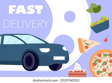 Fast delivery poster. Car with slices of pizza. Italian cuisine and takeaway eating. Online shopping and electronic commerce. Flyer and booklet, brochure. Flat vector illustration