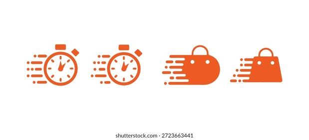 Fast Delivery and Quick Shopping Icon Set with Speeding Stopwatches and Shopping Bags.