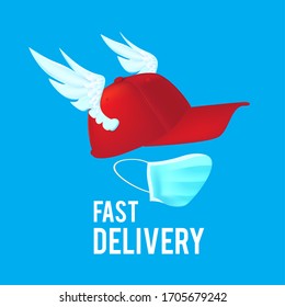 Fast delivery. Rad cap of delivery man with wings and medical mask. Quarantine delivery.