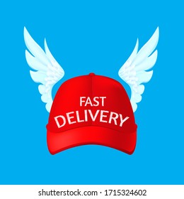 Fast delivery. Rad cap of delivery man with wings.