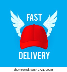 Fast delivery. Rad cap of delivery man with wings.