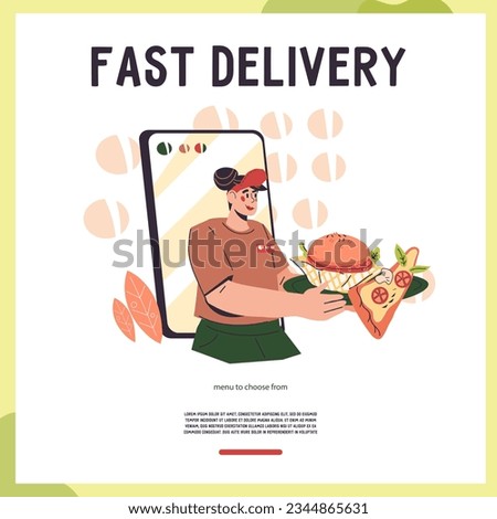 Fast delivery ready meals banner or poster concept. Online food ordering and takeaway restaurant banner template, flat vector illustration.