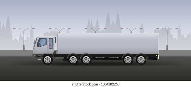 Entrega rápida de una composición realista de camiones en tonos blancos y grises. Fondo de la ciudad. Ilustración vectorial.
